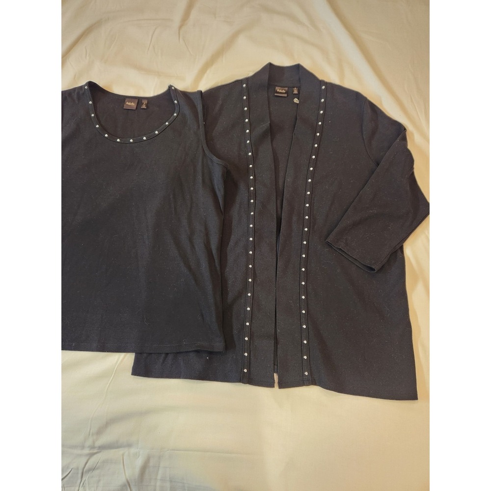 Rafaella Womens 1X Twin Set Black Cotton‎ Studded Cardigan & Tank Top 2 Piece